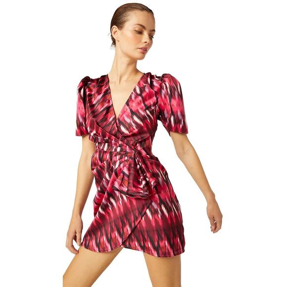 MISA Los Angeles Amina Wrap Chic Satin Ruffle Fuchsia Dress NWT XS $357 - Picture 2 of 7